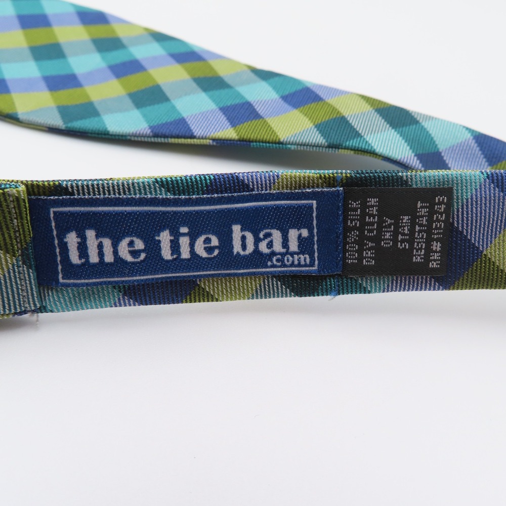 The Tie Bar Bow Tie Blue Yellow Green Gingham Check 2.5" Wide Self Tie Silk - Picture 3 of 5